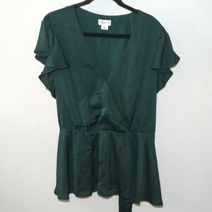 Chicsoul Forest Green Wrap Blouse w/ Flounce Sleeves V-neck Women's Size 3X